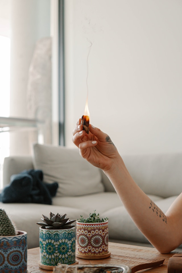 Palo Santo encendido liberando humo sagrado de purificación espiritual